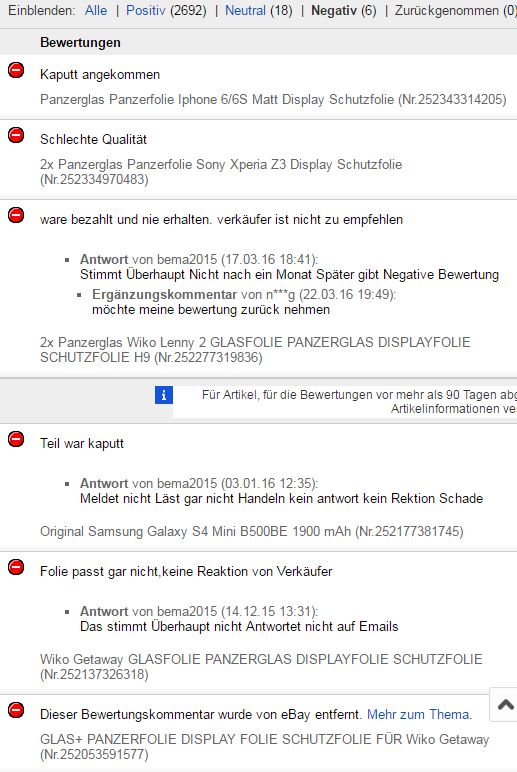 Negative Bewertungen für Panzerglas Displayschutz Folien